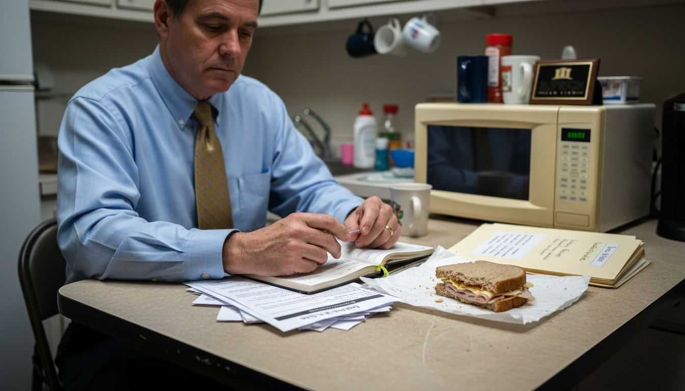 Employee reviewing contract evidence in staff room