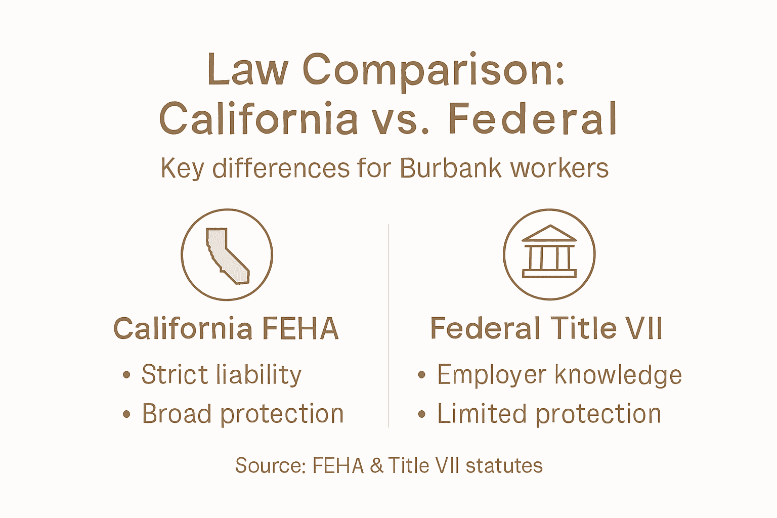 Infographic comparing California and federal harassment laws