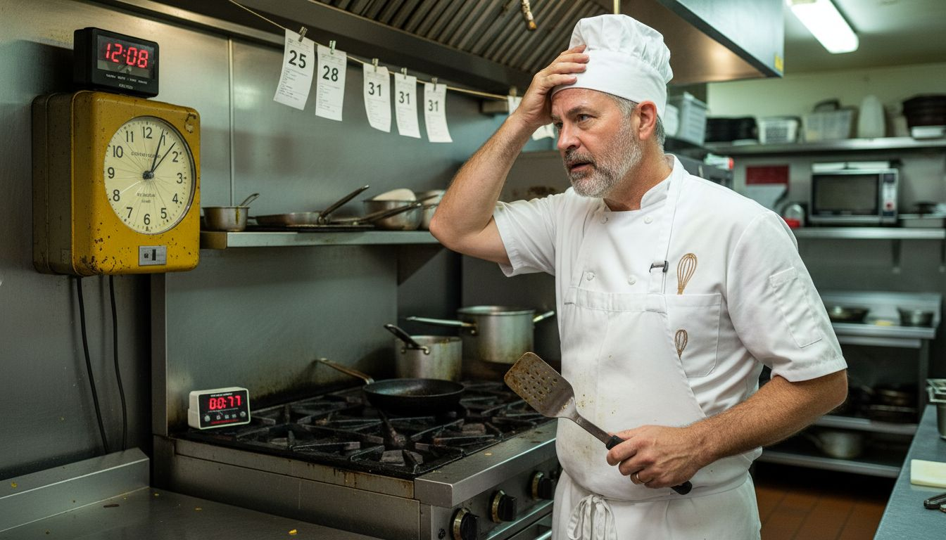 Cook checking punch clock for overtime pay