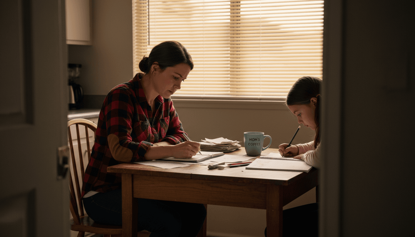 Mother balancing checkbook at kitchen table