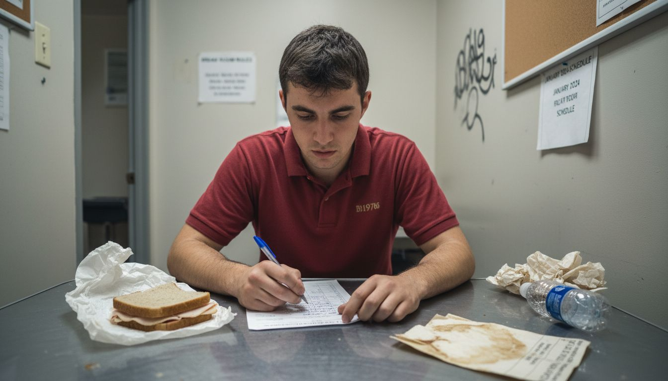 Concerned employee reviews overtime timesheet in break room