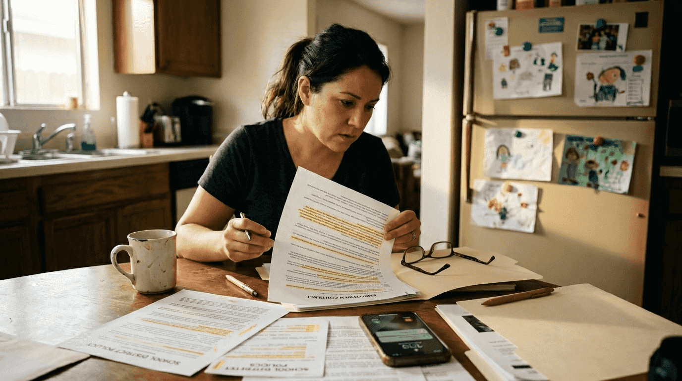 Educator reviewing contract documents at kitchen table
