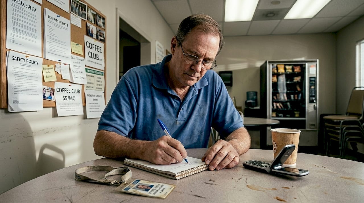 Older cashier documenting workplace incidents in breakroom