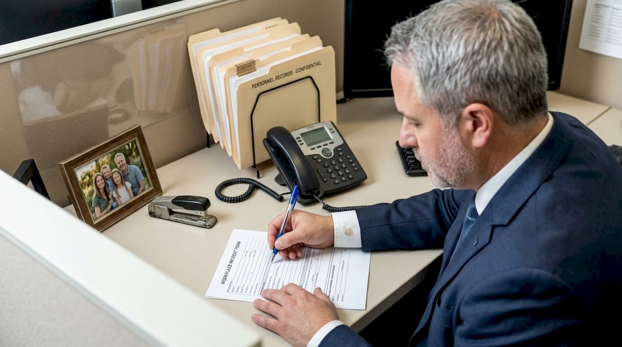 Employee writes workplace incident report in cubicle
