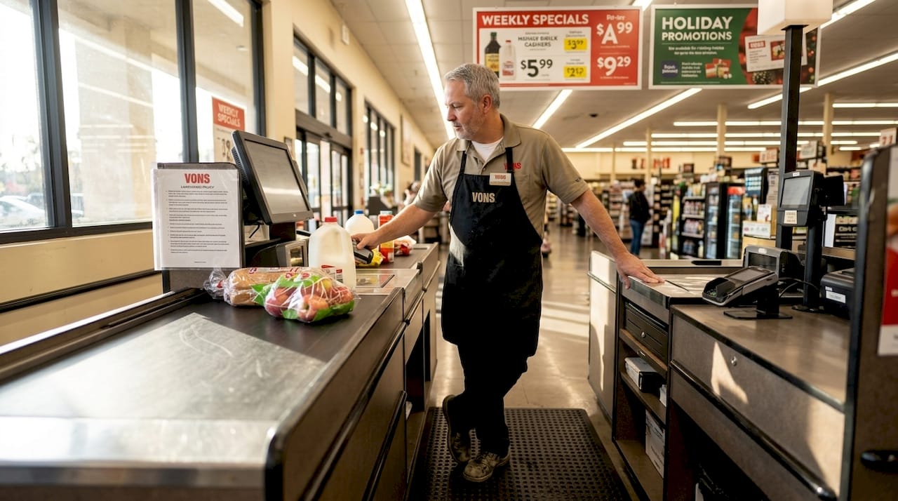 Vons cashier standing at register scanning groceries