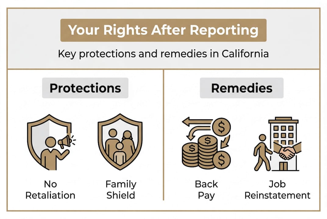 Infographic showing retaliation protections and remedies