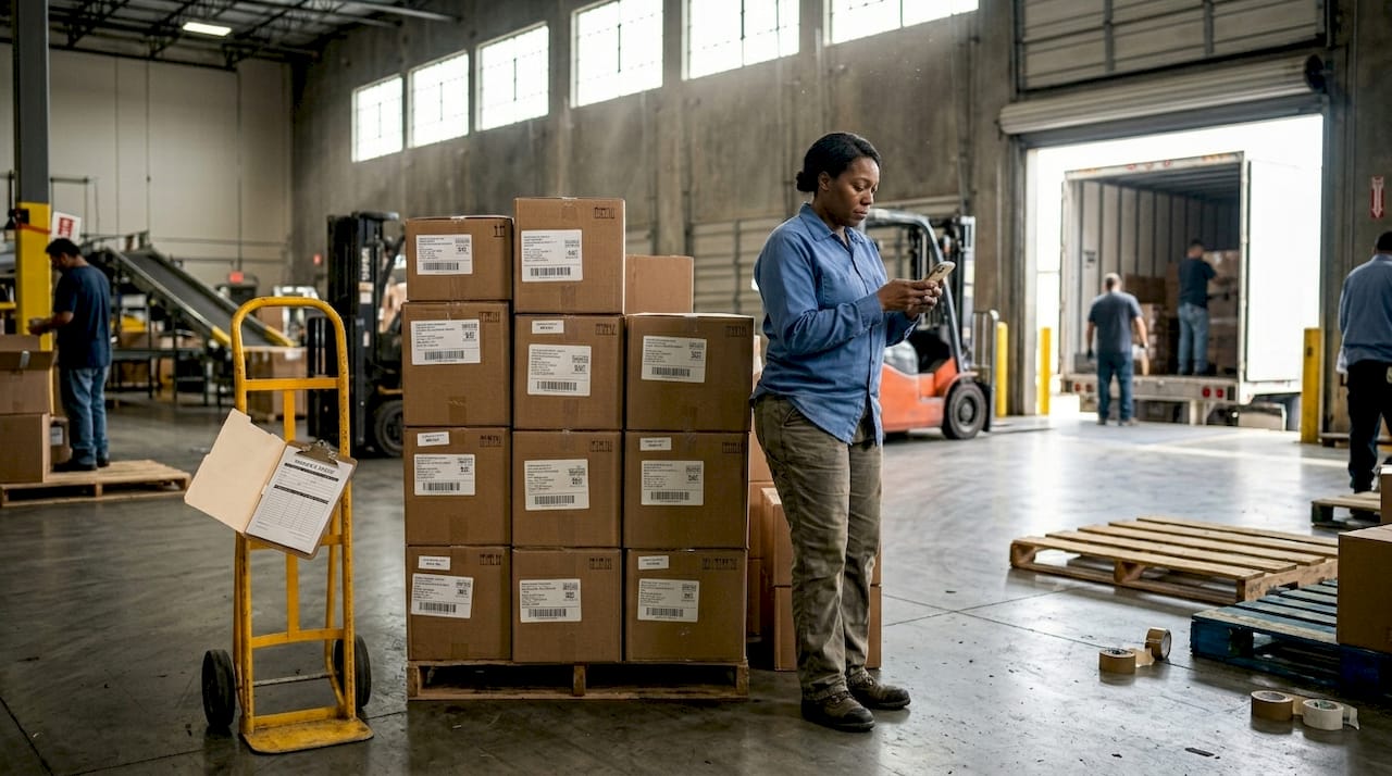 Warehouse worker checks phone near loading dock