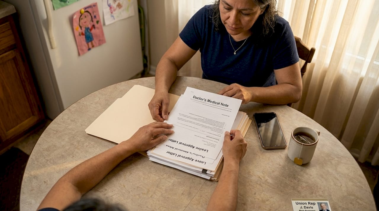 Worker filing medical leave paperwork at kitchen table