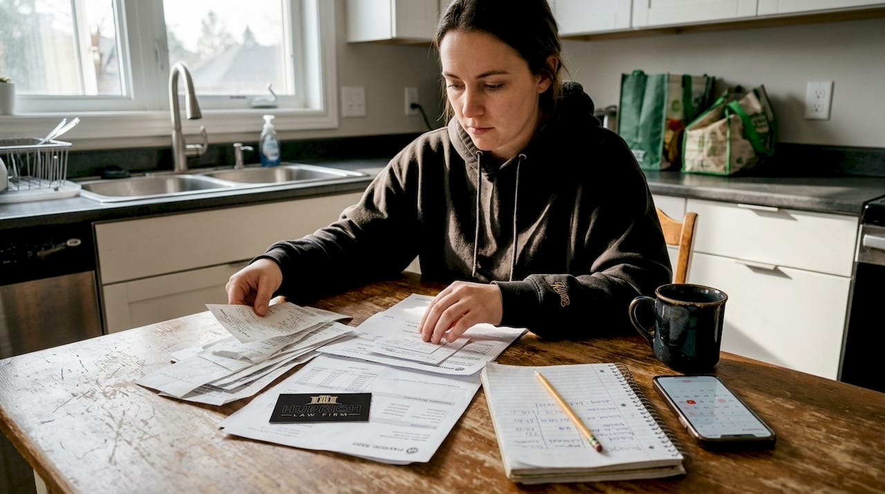 Gig worker organizing receipts at home kitchen table