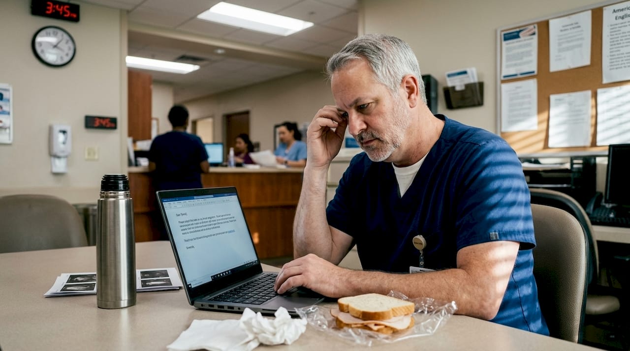 Stressed healthcare worker at desk with laptop