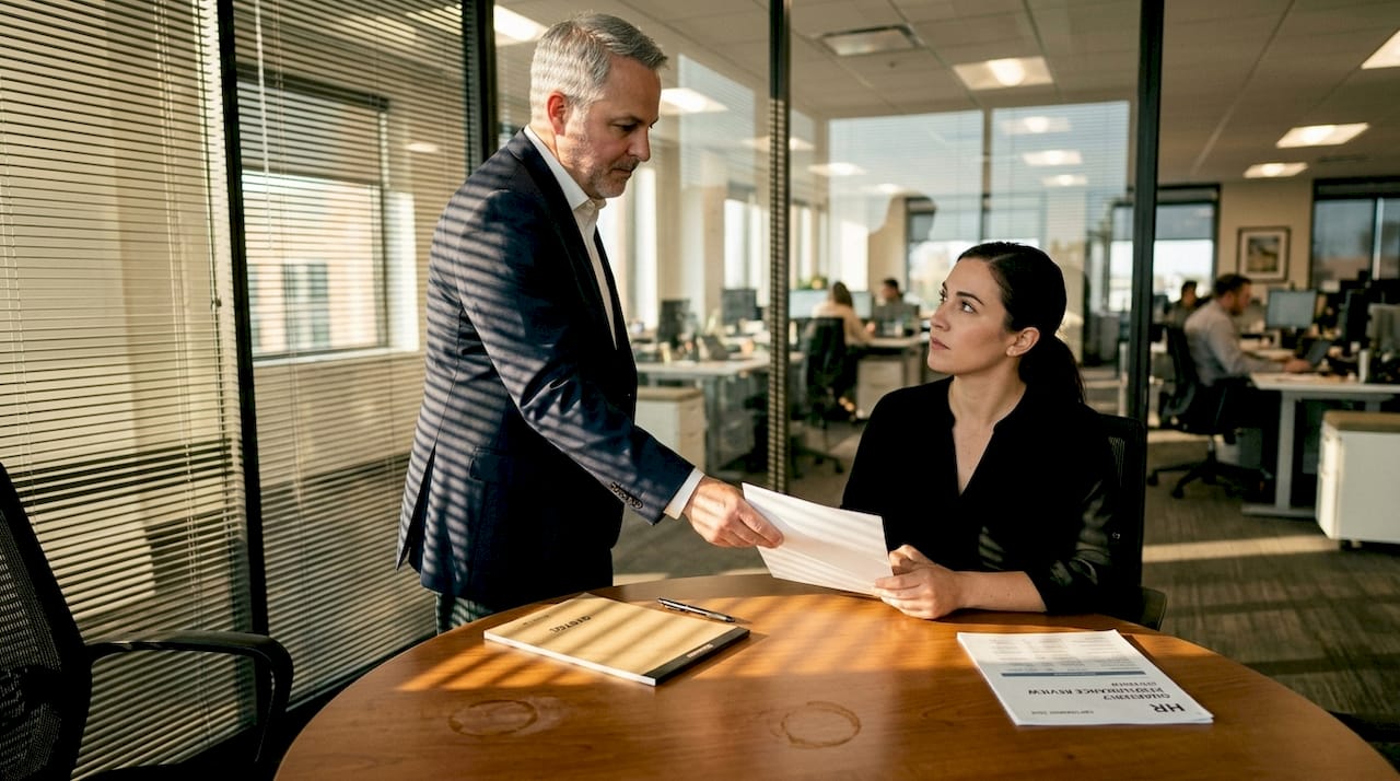 Manager hands warning memo to employee