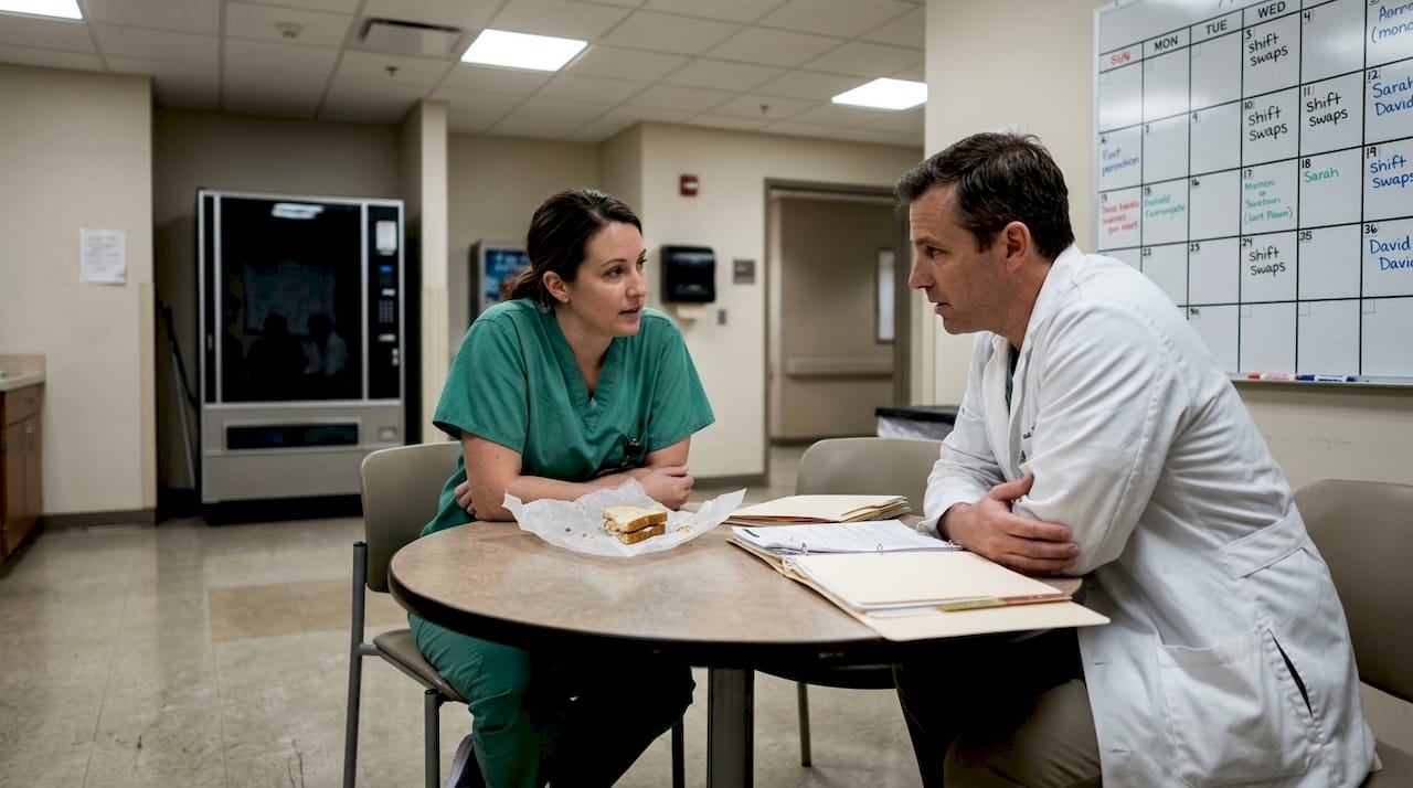 Healthcare workers talk in staff break room