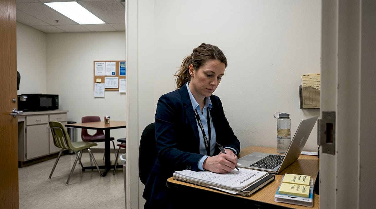 Store manager recording work log in break room