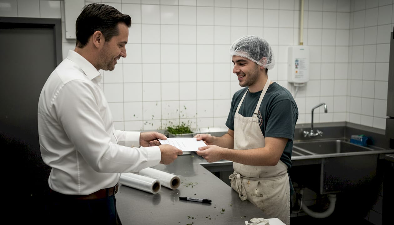 Manager hands wage notice to kitchen worker