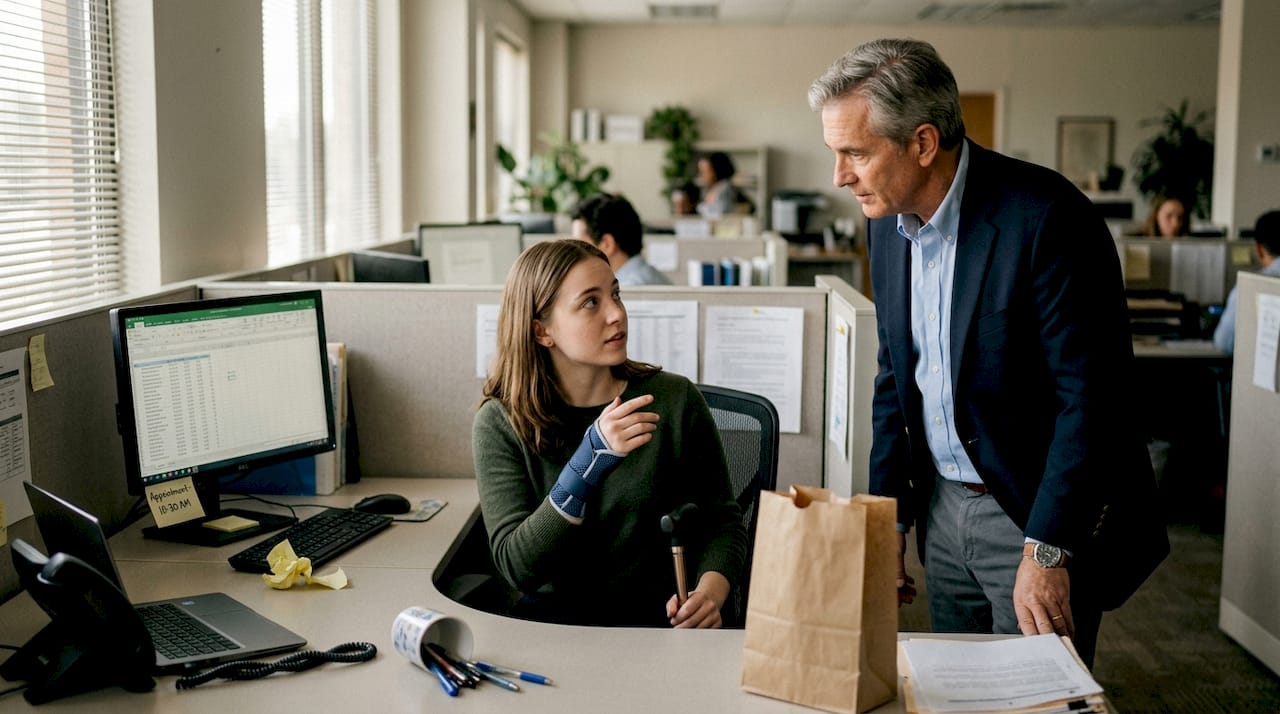 Manager and disabled employee office interaction