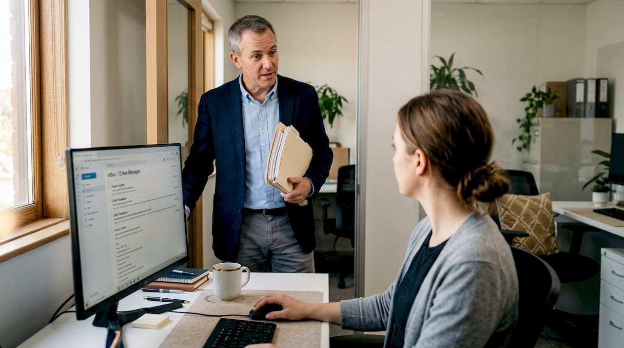 Manager employee meeting in shared office