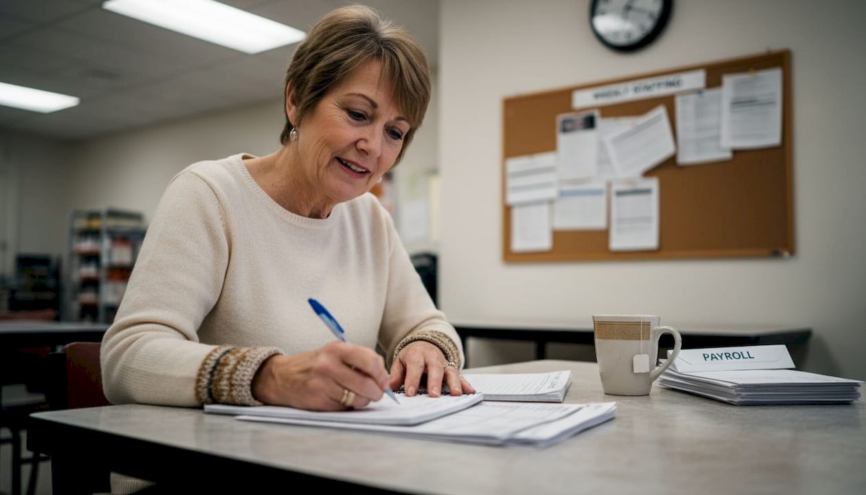 Supervisor reviews notes at retail break room