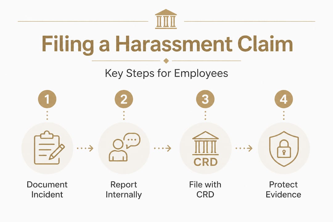 Infographic showing steps to file harassment claim
