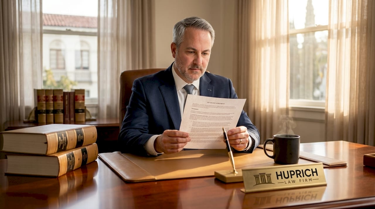 Attorney reviewing severance agreement at desk