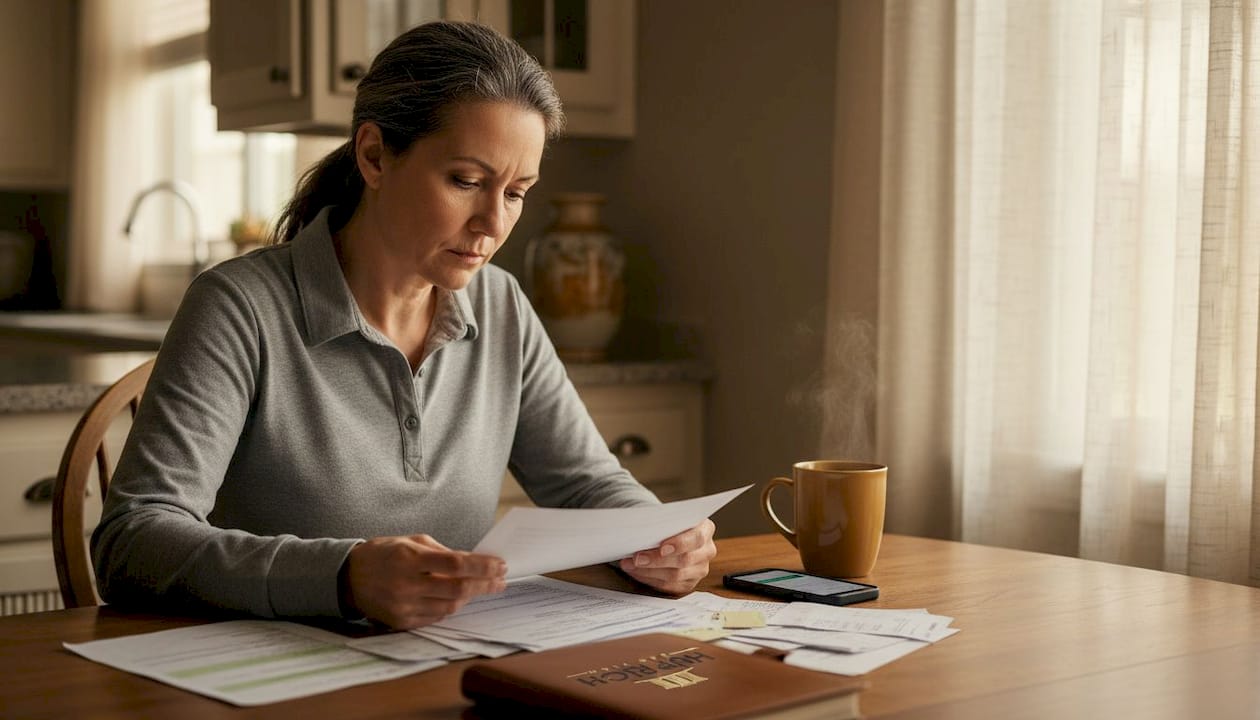 Caregiver reviewing documents at home table
