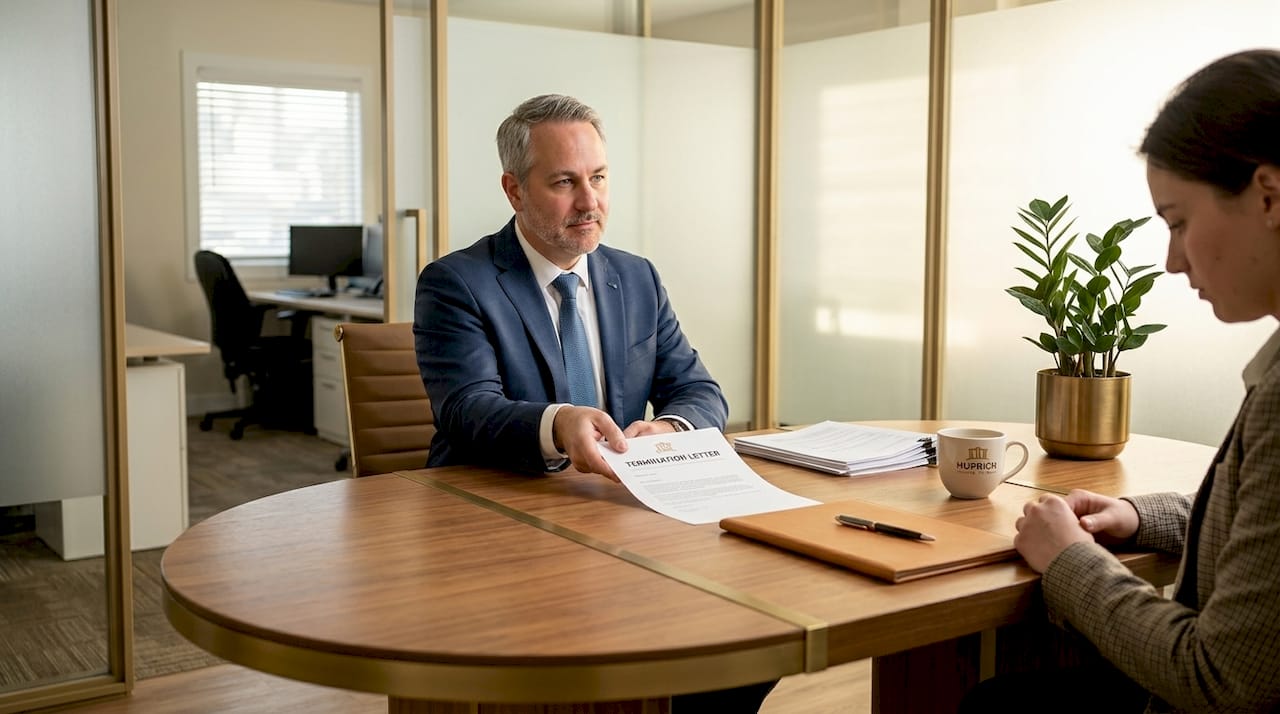 Manager hands termination letter in small California office
