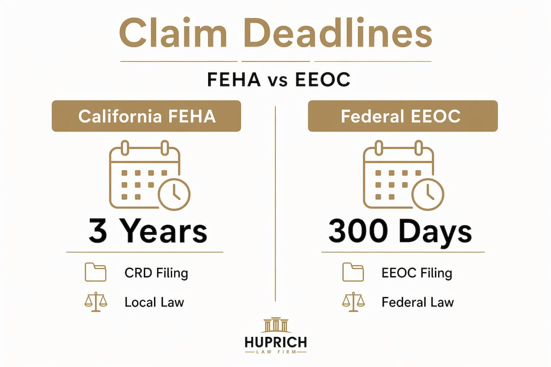 Infographic comparing FEHA and EEOC claim deadlines