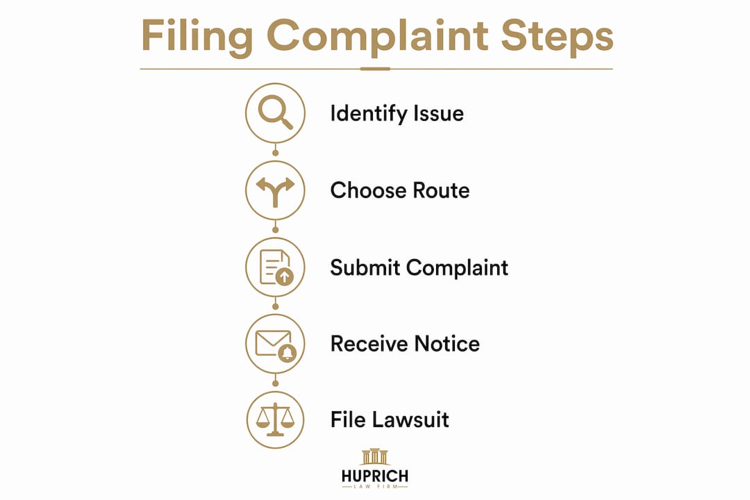 Infographic showing steps to file a workplace complaint