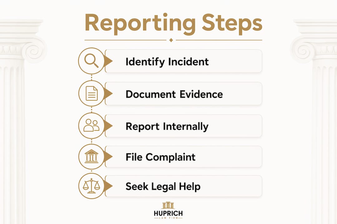 Infographic illustrating sexual harassment reporting steps