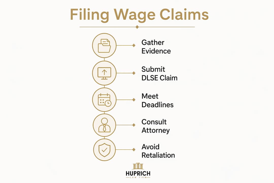 Infographic showing steps to file unpaid wage claims