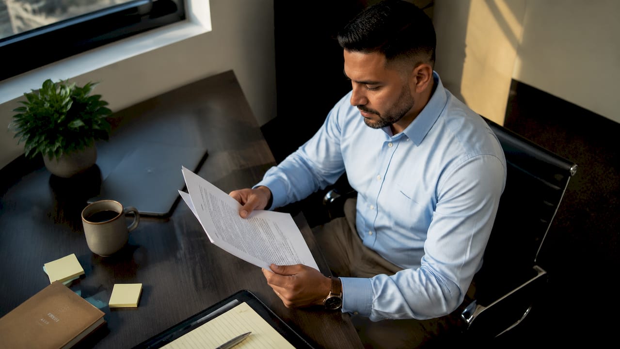 Employee studying labor break rules at desk