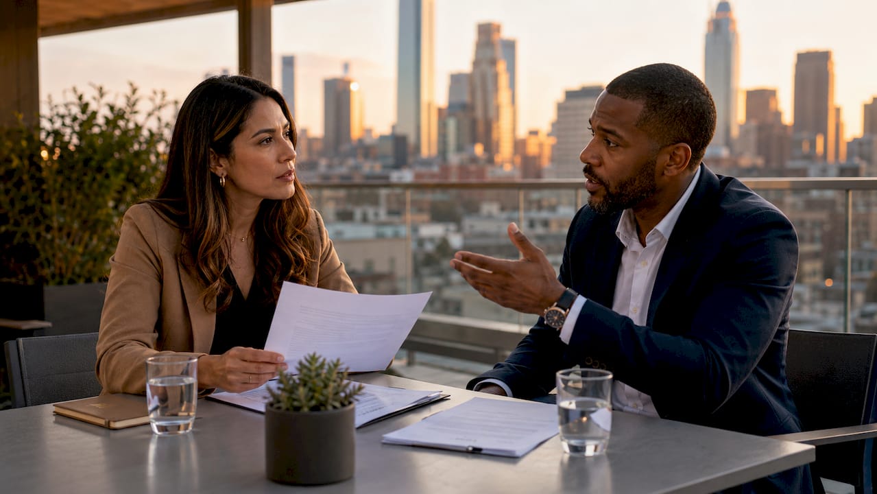 Two professionals discussing workplace discrimination in office