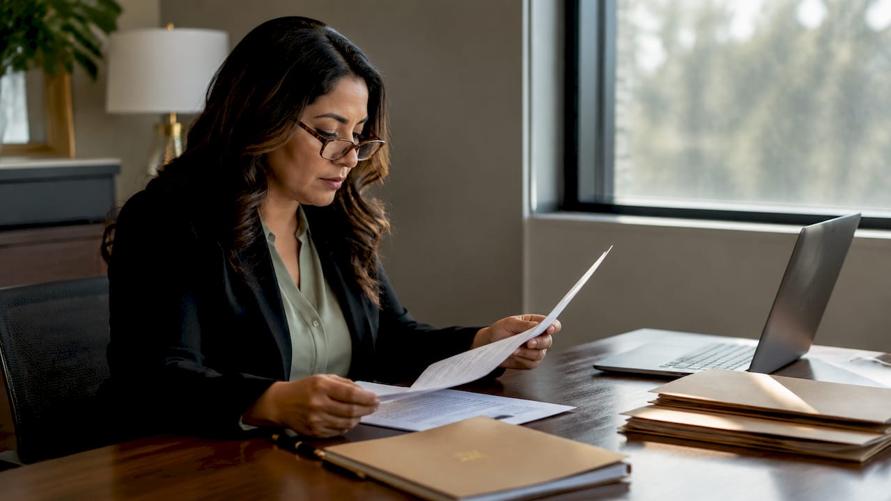 Employee reviewing retaliation documents at desk