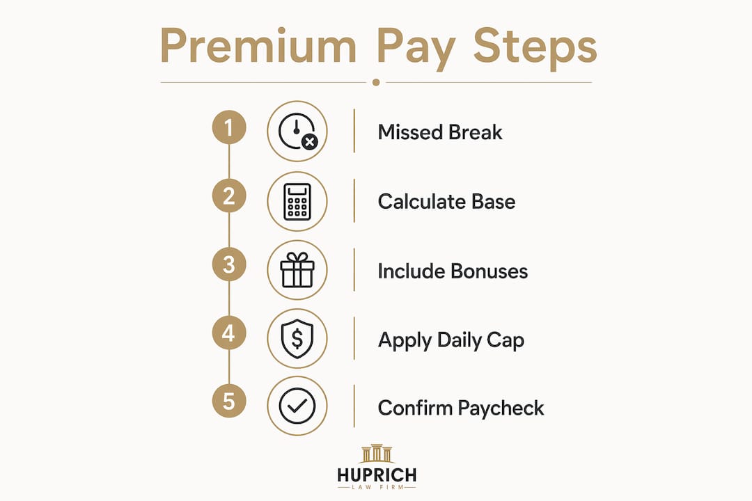 Infographic outlining steps to calculate missed break premium pay