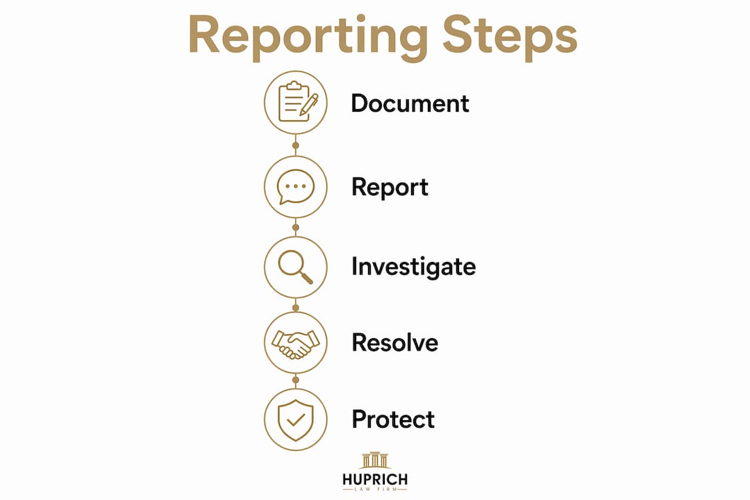 Infographic showing steps to report sexual harassment
