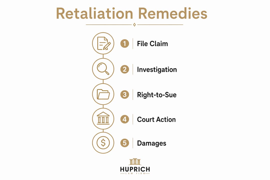 Infographic showing workplace retaliation remedy steps