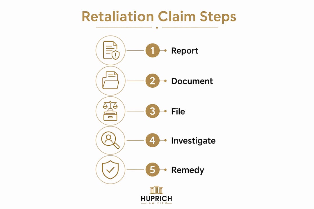 Infographic showing retaliation claim steps in Azusa, CA