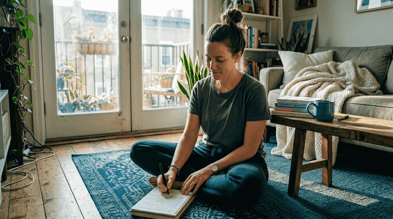 Woman practicing self-care morning routine at home