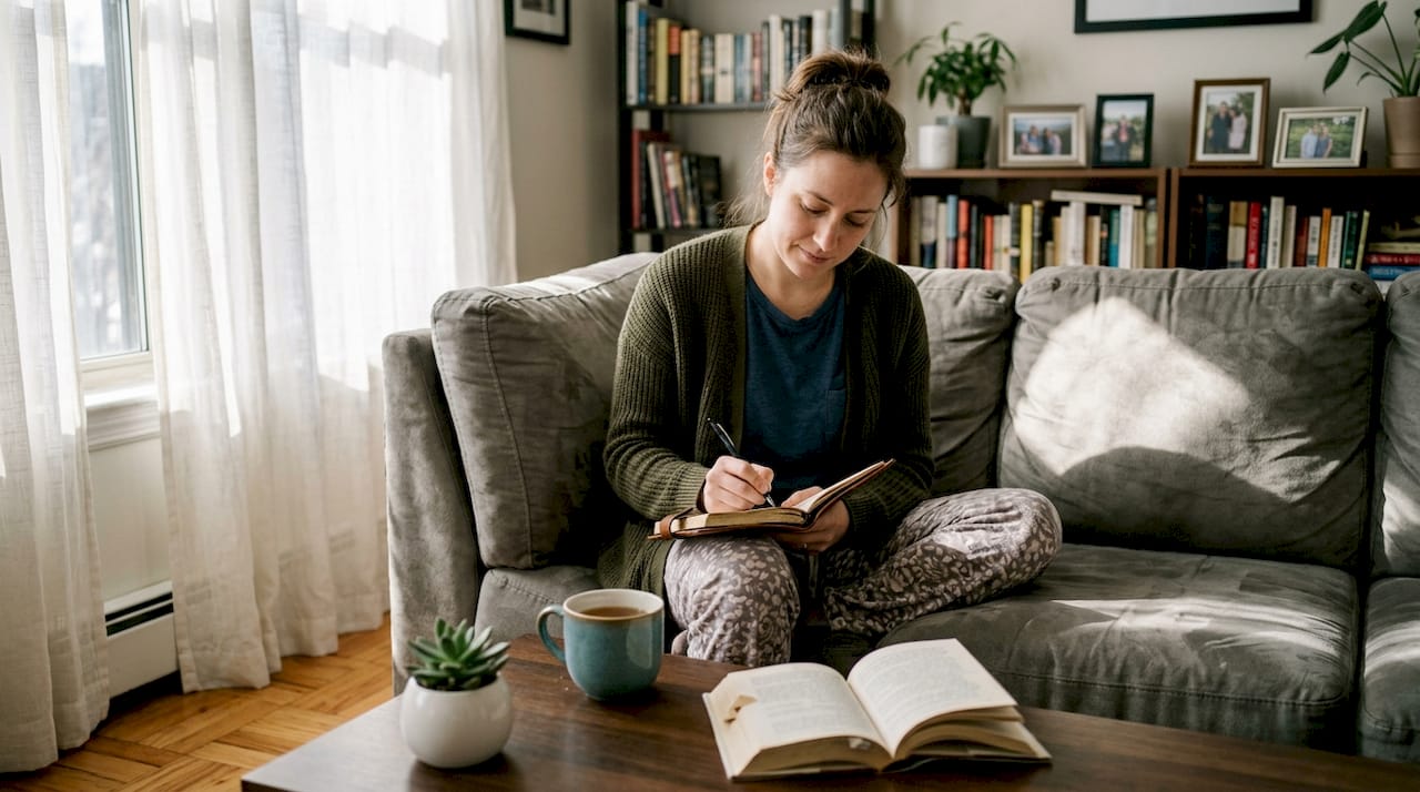 Woman journaling during relaxed morning self-care