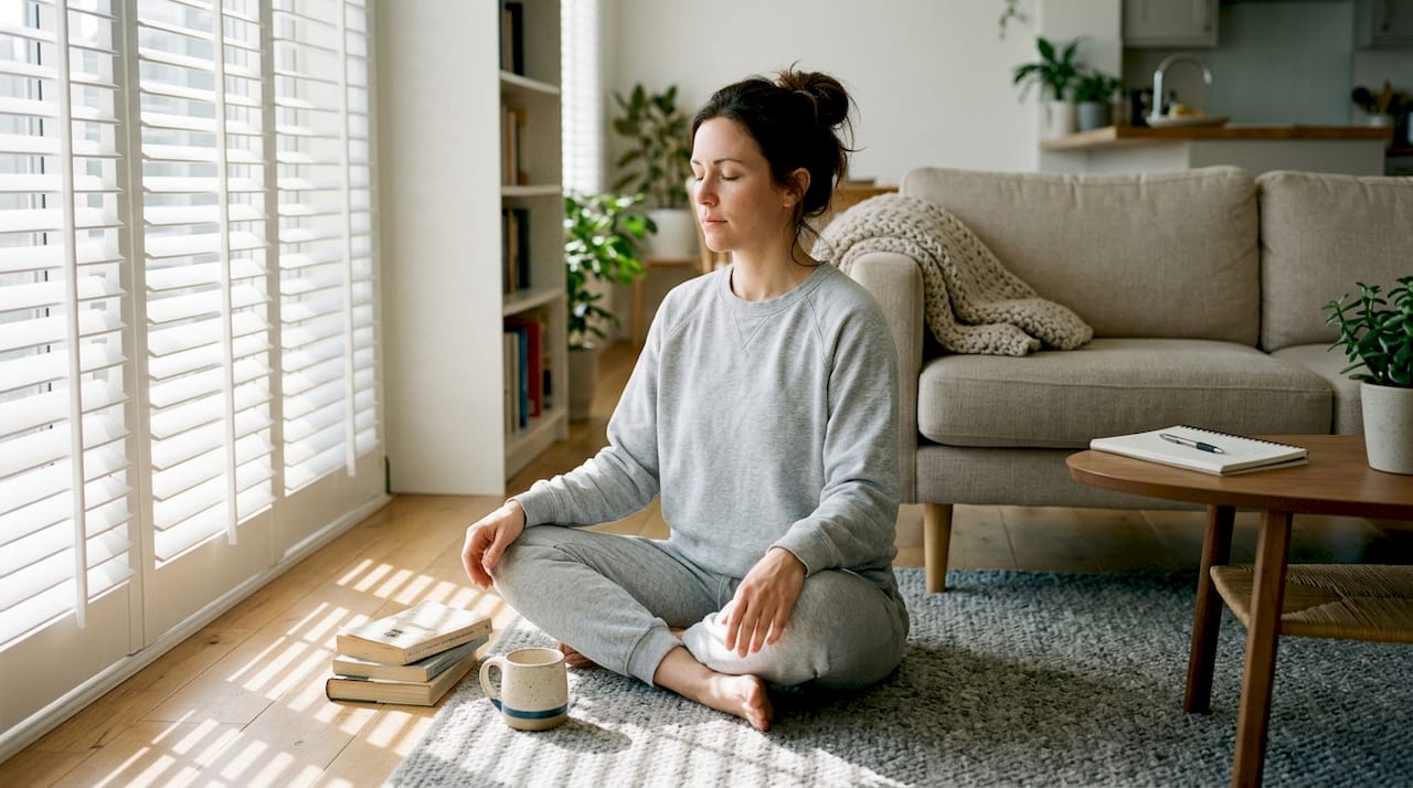 Person practicing mindfulness at home in morning