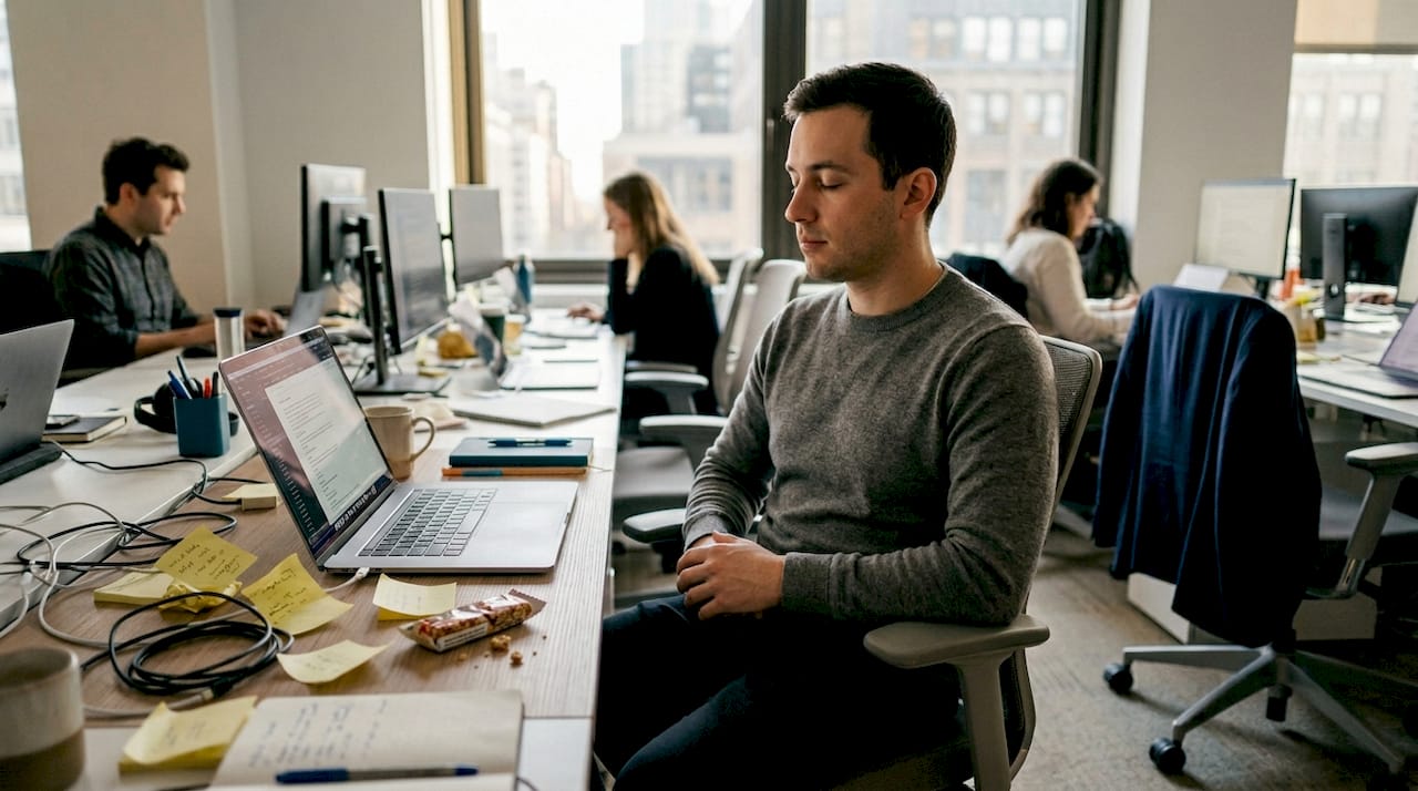 Office worker taking mindful pause at desk