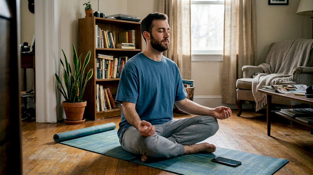Man doing deep breathing on yoga mat