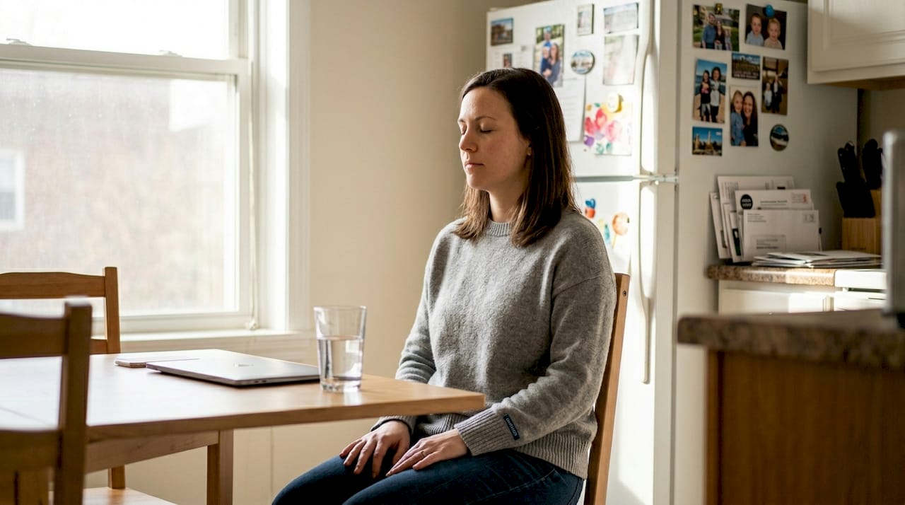Woman practicing stress management at kitchen table