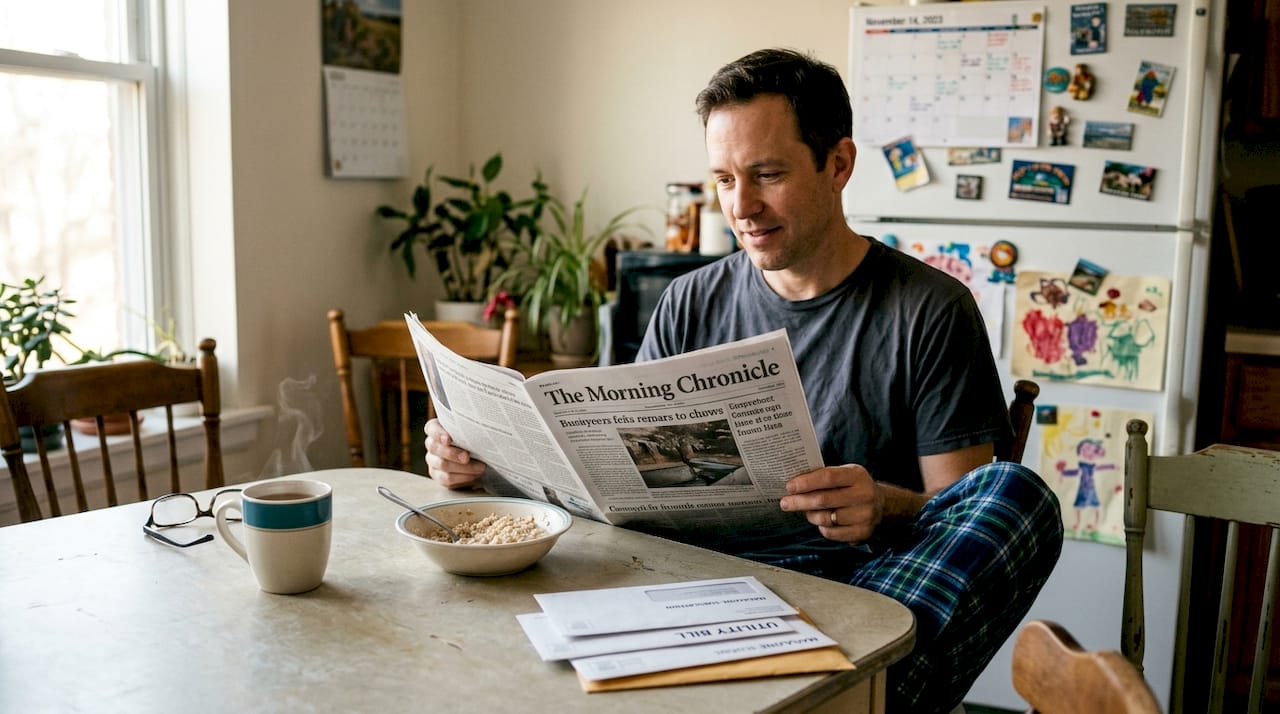 Man reading newspaper at breakfast table