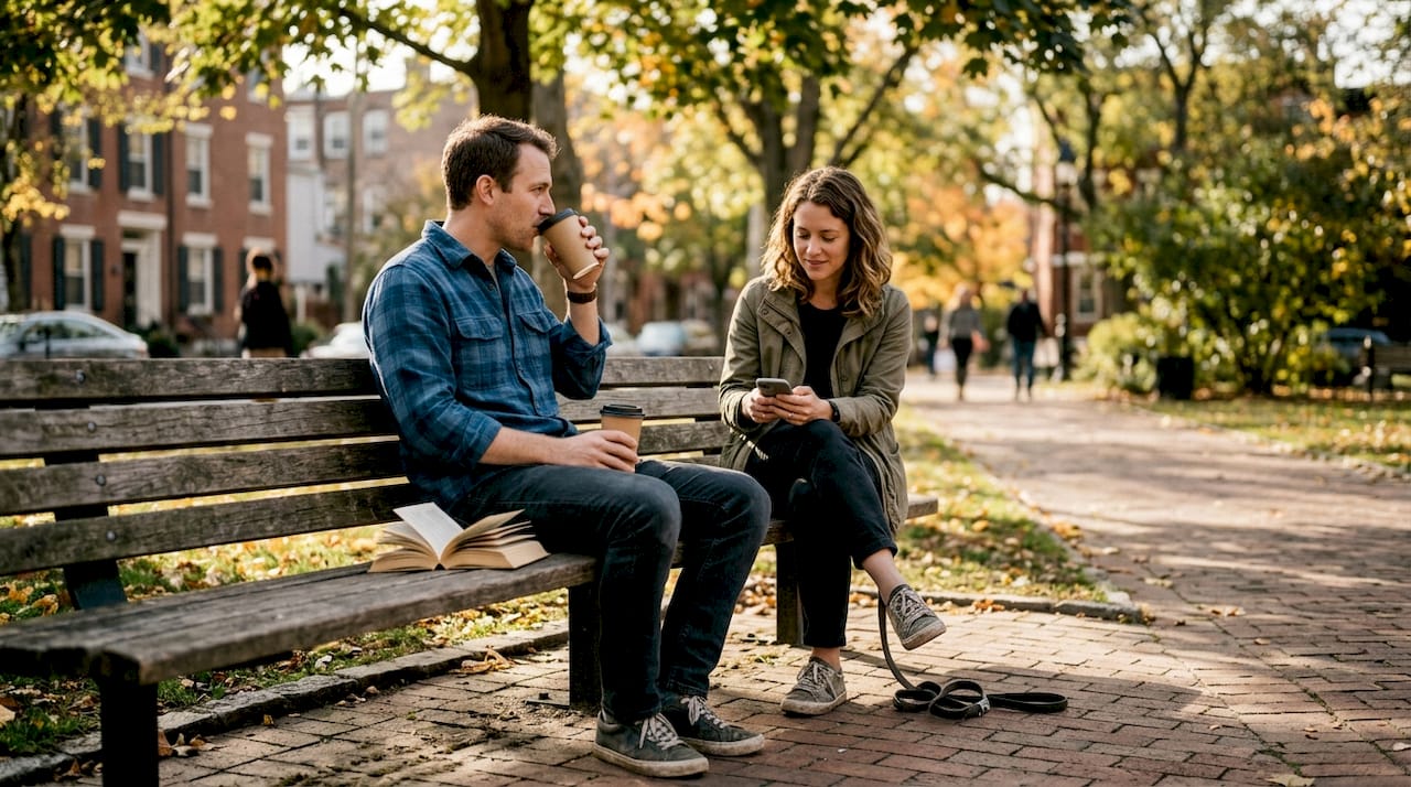Two friends talking on sunny city park bench