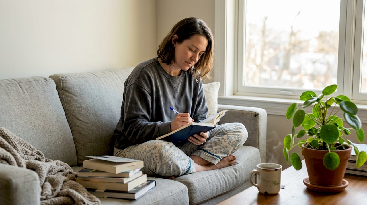 Woman journaling mindfulness in living room
