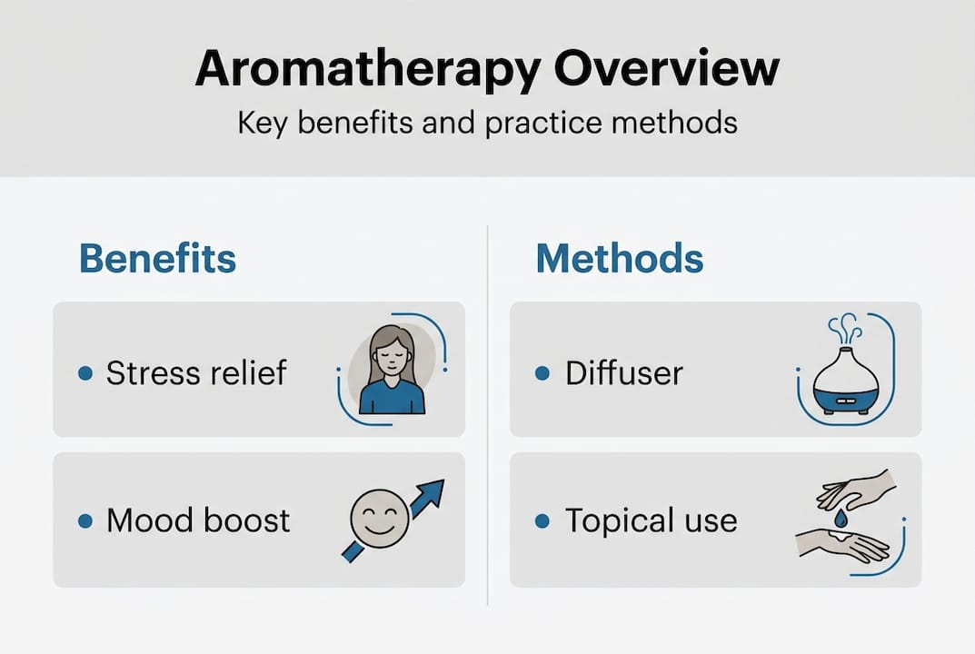 Infographic summarizing aromatherapy benefits and methods