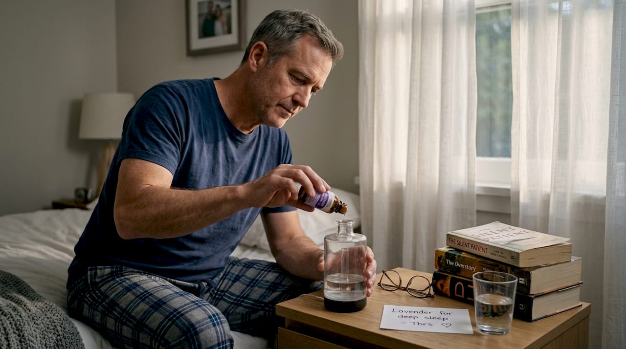 Man filling bedside diffuser with lavender oil