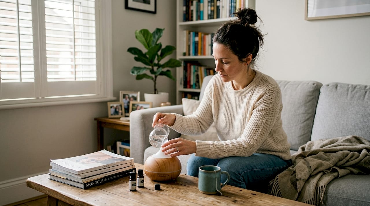 Woman preparing essential oil diffuser at home