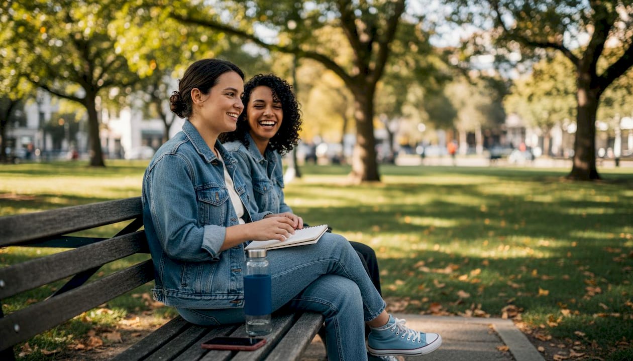Two friends talking on park bench