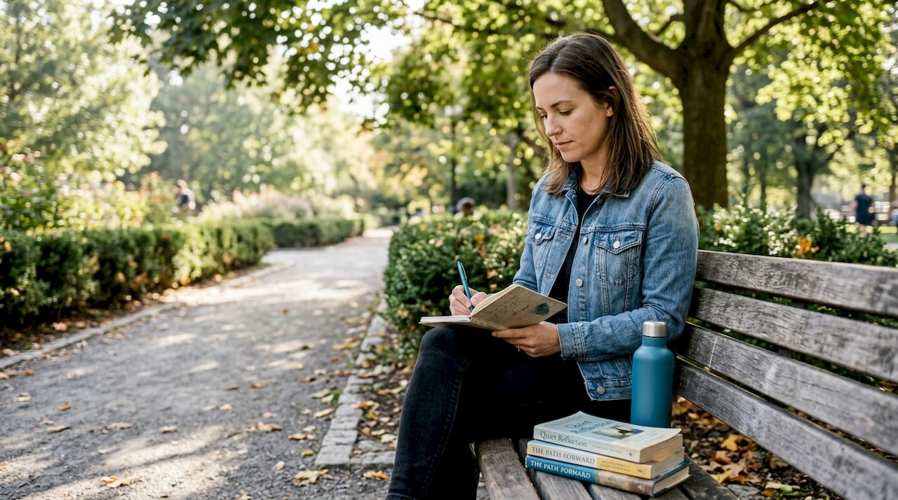 Woman journaling on park bench with books